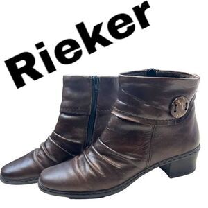 Rieker Ankle Boots Heel Shoes Womens 38 Brown Leather Button Block Heel Side Zip